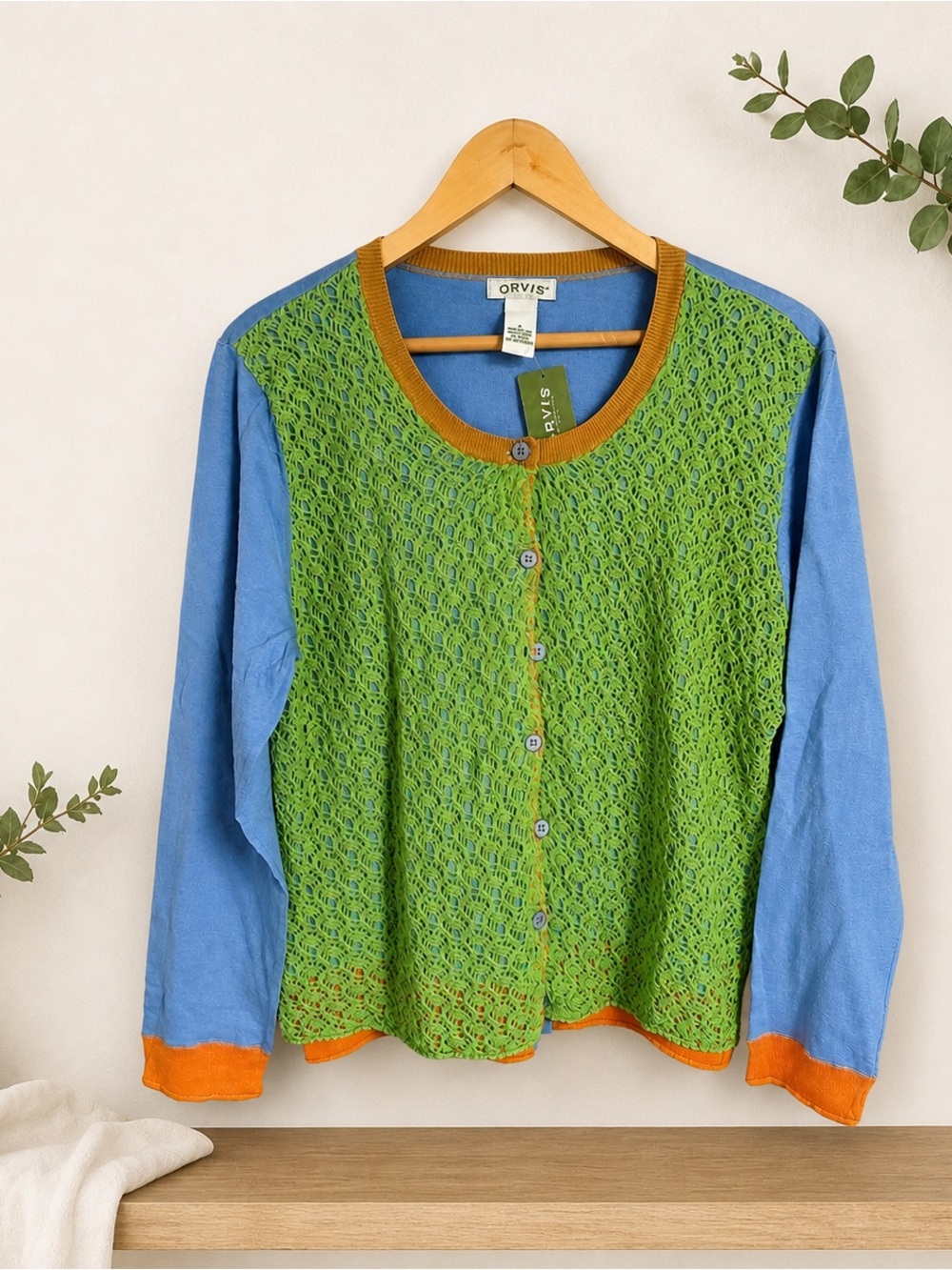 Orvis crochet overlay cardigan multi media open knit button up front Size L